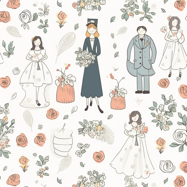 A seamless pattern with a bride and groom.