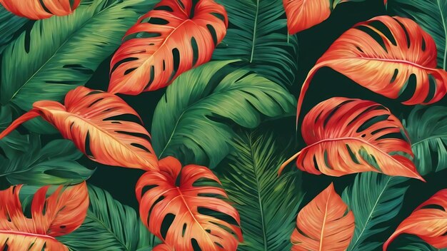 Seamless pattern with bright large tropical leaves on a green background