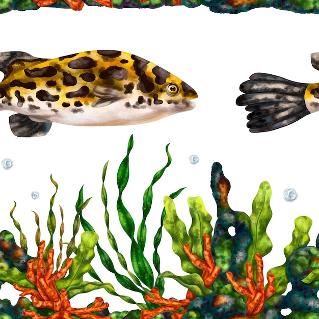 seamless pattern with bright tropical colorful fish algae corals and bubbles marine underwater life
