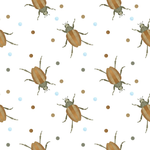 Seamless pattern with brown bugs and multicolored watercolor