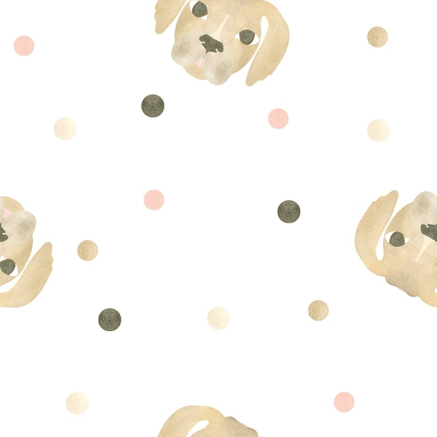 Seamless pattern with brown dog faces and colored circles Watercolor illustration highlighted