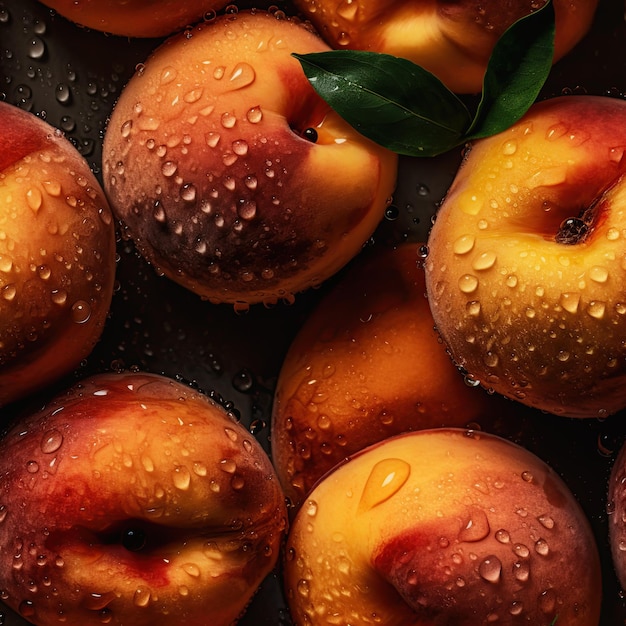 бесшовный рисунок с кучей персиков с каплями воды на них