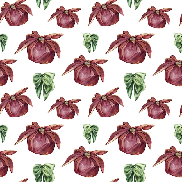 Seamless pattern with burgundy textile gift box bow knot on white Watercolor hand drawn illustration Art for design
