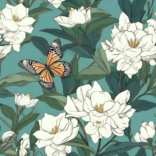 A seamless pattern with a butterfly on a green background.