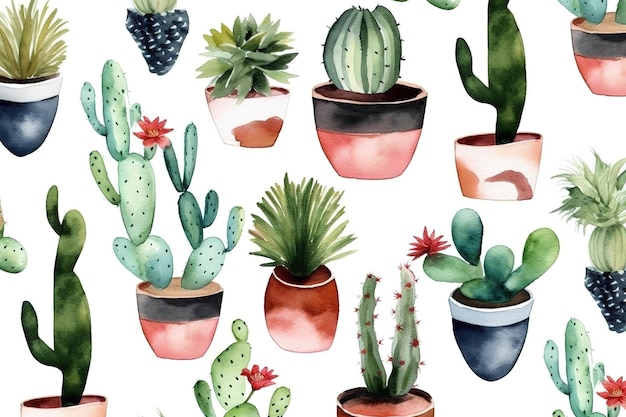 A seamless pattern with cactuses and other plants.