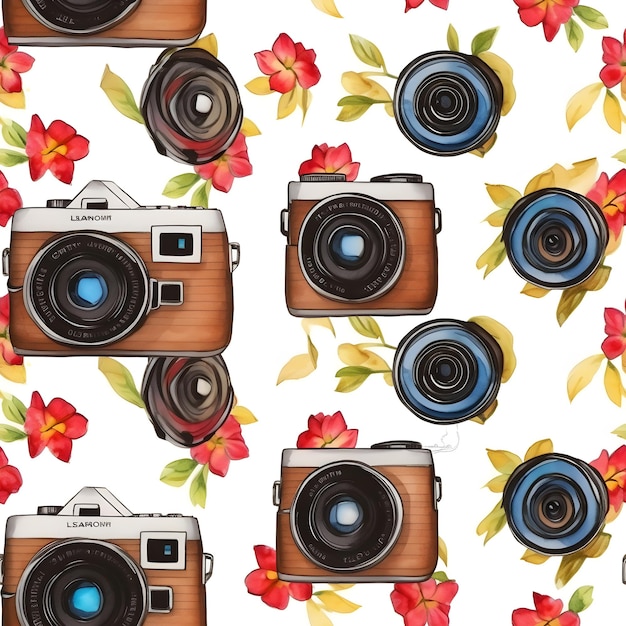 Seamless pattern with a camera and flowers