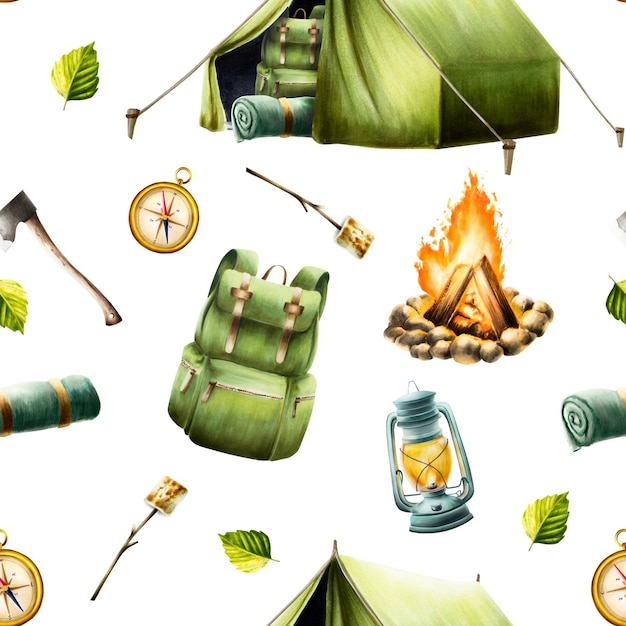 seamless pattern with campfire camping axe hiking and camping backpack rolled up blanket and