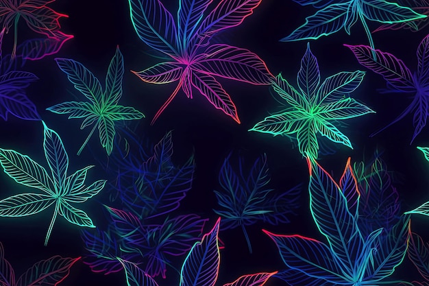 Seamless pattern with cannabis marijuana leaves Background with hemp weed leaf with neon colors Generative AI illustration