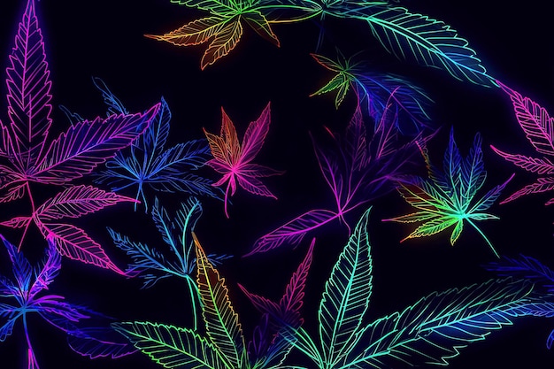 Foto disegno senza cuciture con foglie di cannabis marijuana in colori neon sfondo scuro con foglia di erba di canapa ia generativa