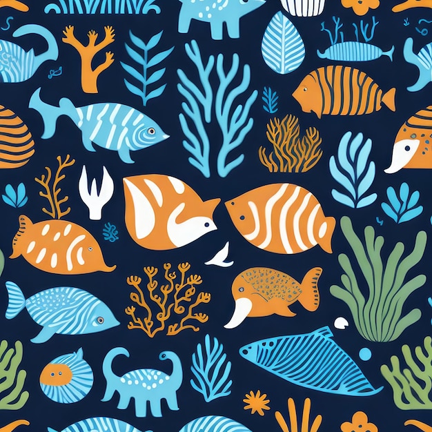 A seamless pattern with cartoon animals and plants