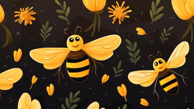 Seamless pattern with cartoon bees background wallpaper design concept