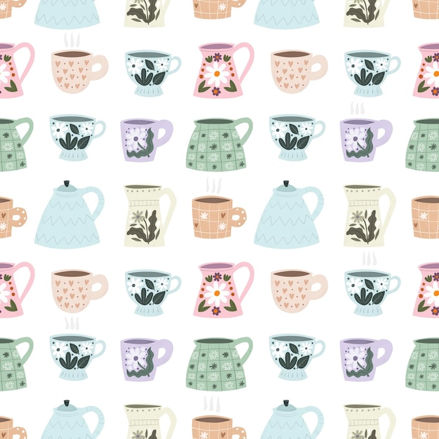 Seamless pattern with cartoon cups teapots decor elements