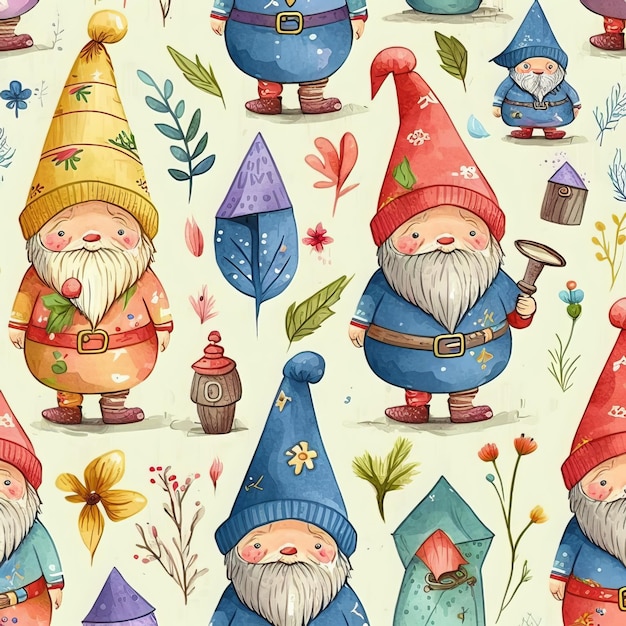 A seamless pattern with cartoon gnomes.