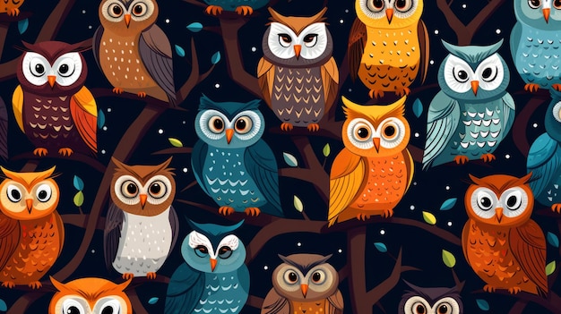 Seamless pattern with cartoon owls background wallpaper design concept