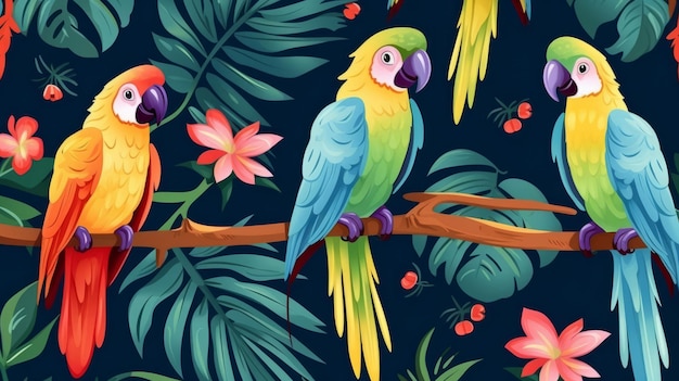 Seamless pattern with cartoon parrots background wallpaper design concept