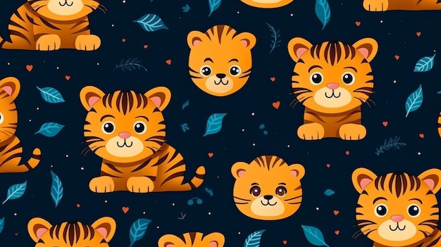 Seamless pattern with cartoon tigers background wallpaper design concept