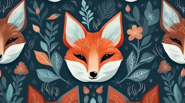 Seamless pattern with cartoon woodland foxes background wallpaper design concept