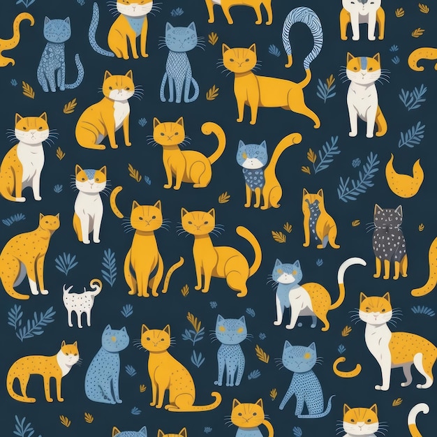 Seamless pattern with cats on a dark background.