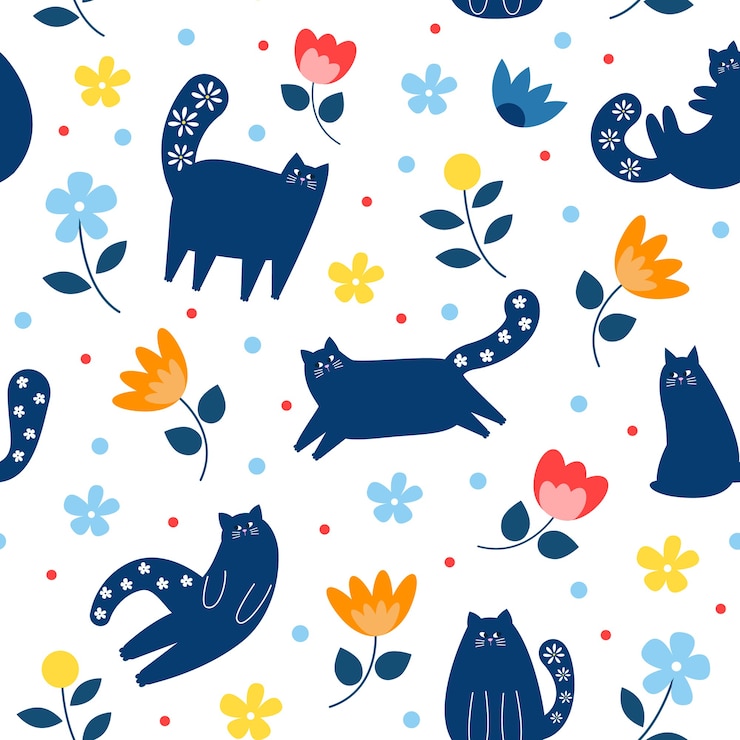 Photo seamless pattern with cats and flowers