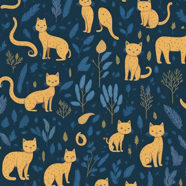 Seamless pattern with cats in the forest.