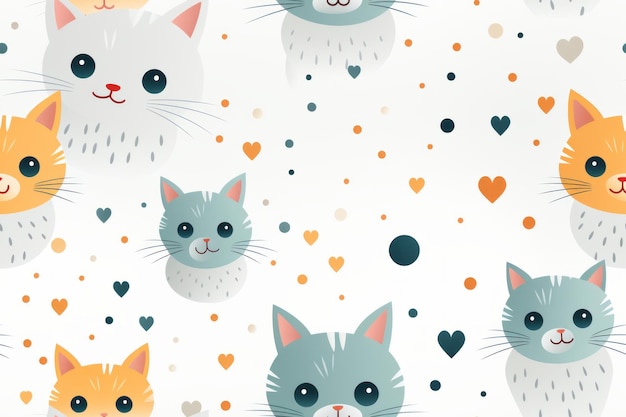 seamless pattern with cats and hearts on a white background