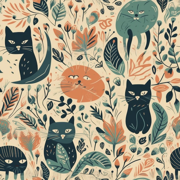 A seamless pattern with cats and leaves.