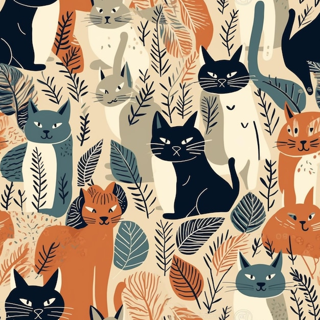 A seamless pattern with cats and leaves.