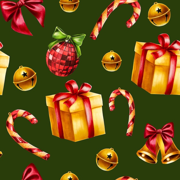 seamless pattern with christmas balls golden bell gift illustrations new year watercolor present b