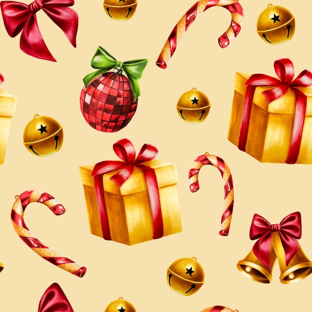 seamless pattern with christmas balls golden bell gift illustrations new year watercolor present box