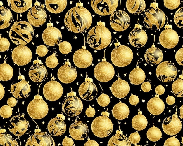 A seamless pattern with christmas balls and stars on a black background.