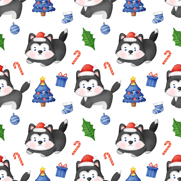 Seamless pattern with Christmas Siberian husky dog with santa hat .