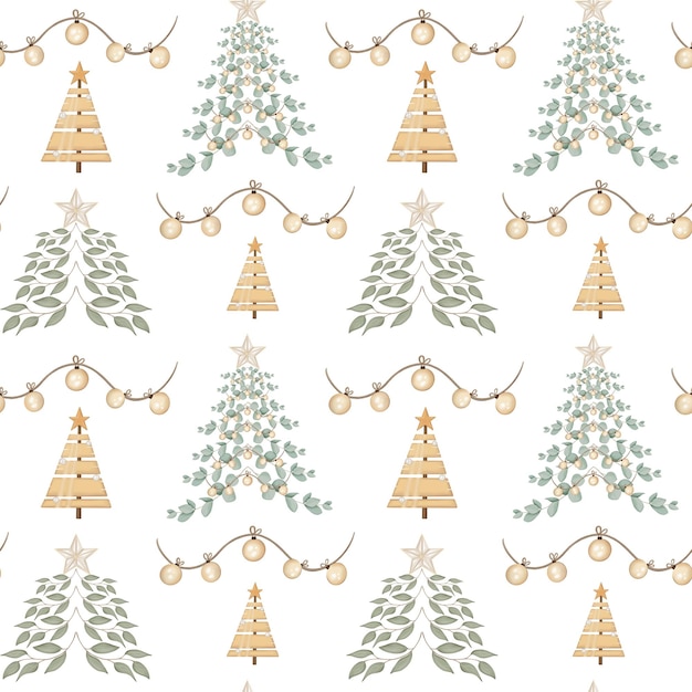 クリスマスツリーと装飾のシームレスなパターン 手描きのイラスト