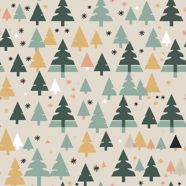 A seamless pattern with christmas trees and snowflakes.