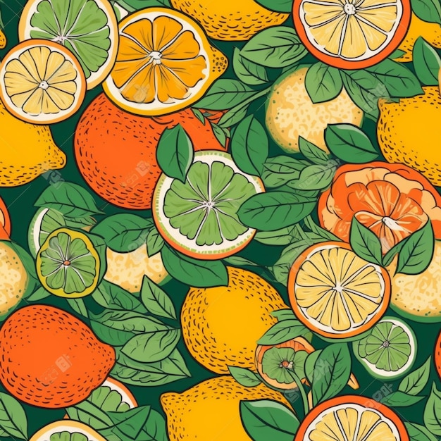 Seamless pattern with citrus fruits on a green background.