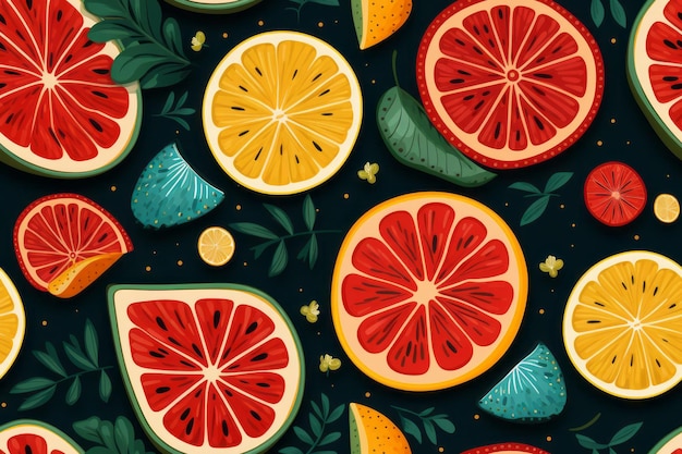 seamless pattern with citrus fruits and leaves on a dark background