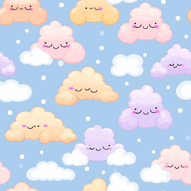 Seamless pattern with clouds and cute clouds on a blue background.