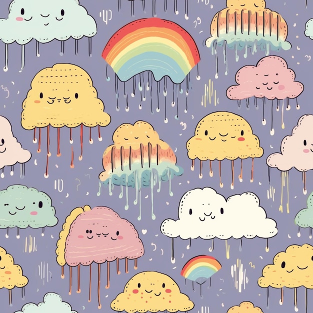 A seamless pattern with clouds and rainbows.