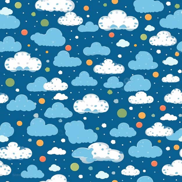 Seamless pattern with clouds and stars on a blue background.