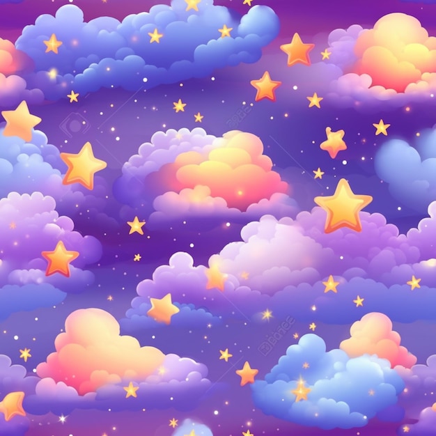 A seamless pattern with clouds and stars on a purple background.