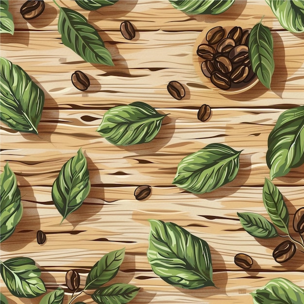 木製の背景にコーヒー豆と葉のシームレスなパターン