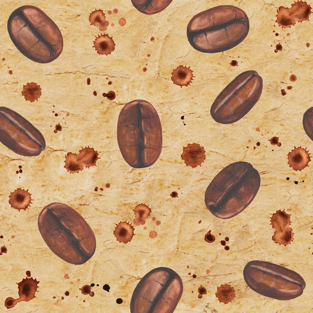 Seamless pattern with coffee beans and stains on old paper surface