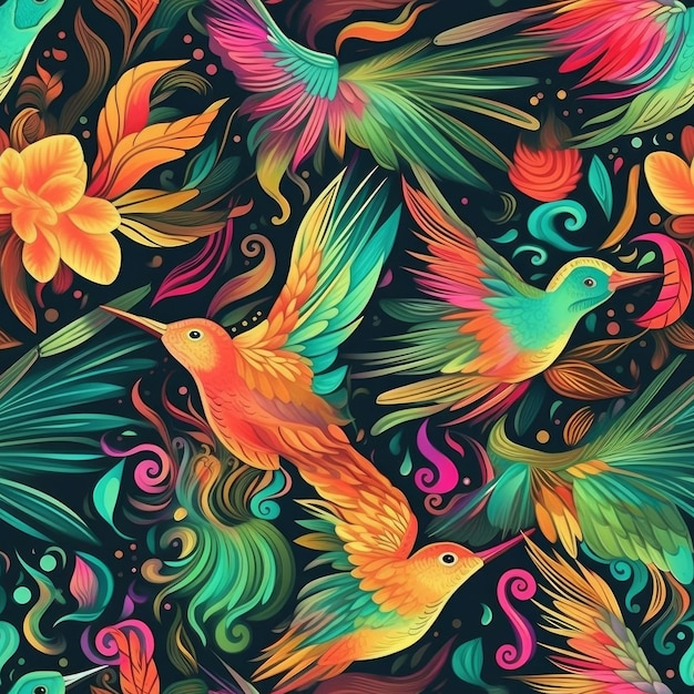 Seamless pattern with colorful birds on a black background.