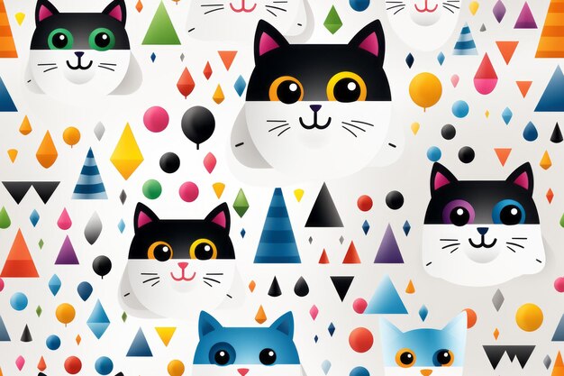 seamless pattern with colorful cats and raindrops on a white background