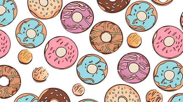 Бесшовный рисунок с красочными пончиками Ручная векторная иллюстрация