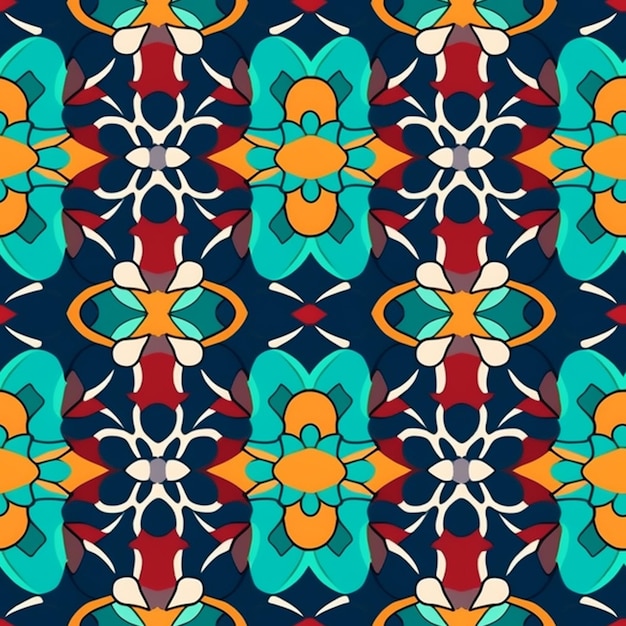 A seamless pattern with a colorful flower and leaves.