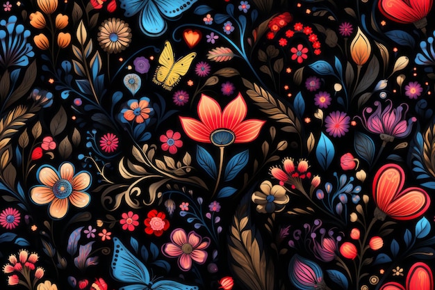 seamless pattern with colorful flowers and butterflies on black background