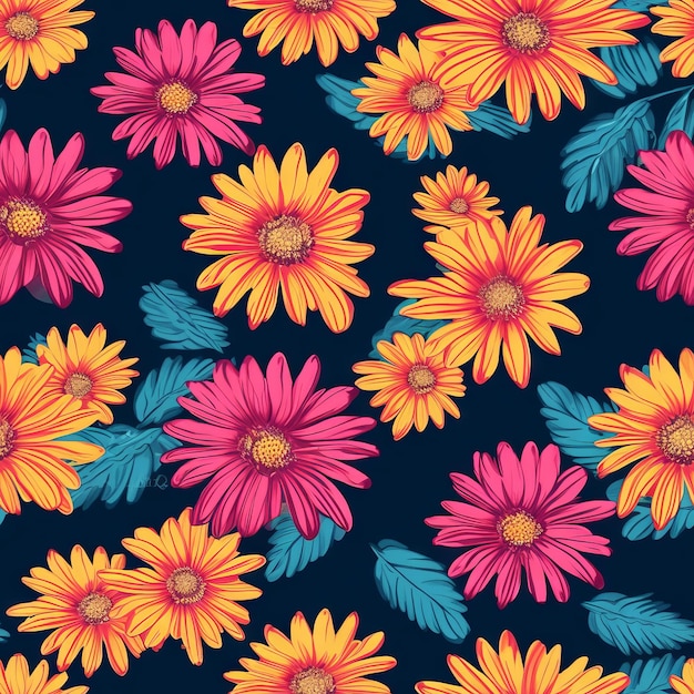 Seamless pattern with colorful flowers on a dark background.