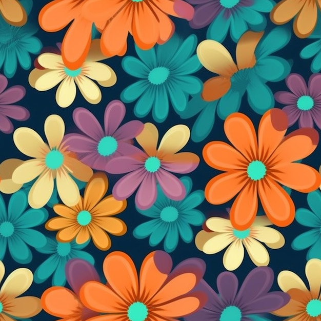 Seamless pattern with colorful flowers on a dark background.