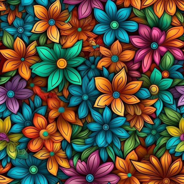 Seamless pattern with colorful flowers on a dark background.