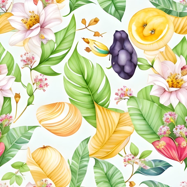 A seamless pattern with colorful flowers and fruits.